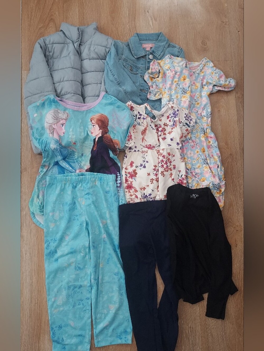 Girls 5/6 Clothing Bundle - Puffer, Frozen Pjs, Dresses, Jean Jacket, Leggings